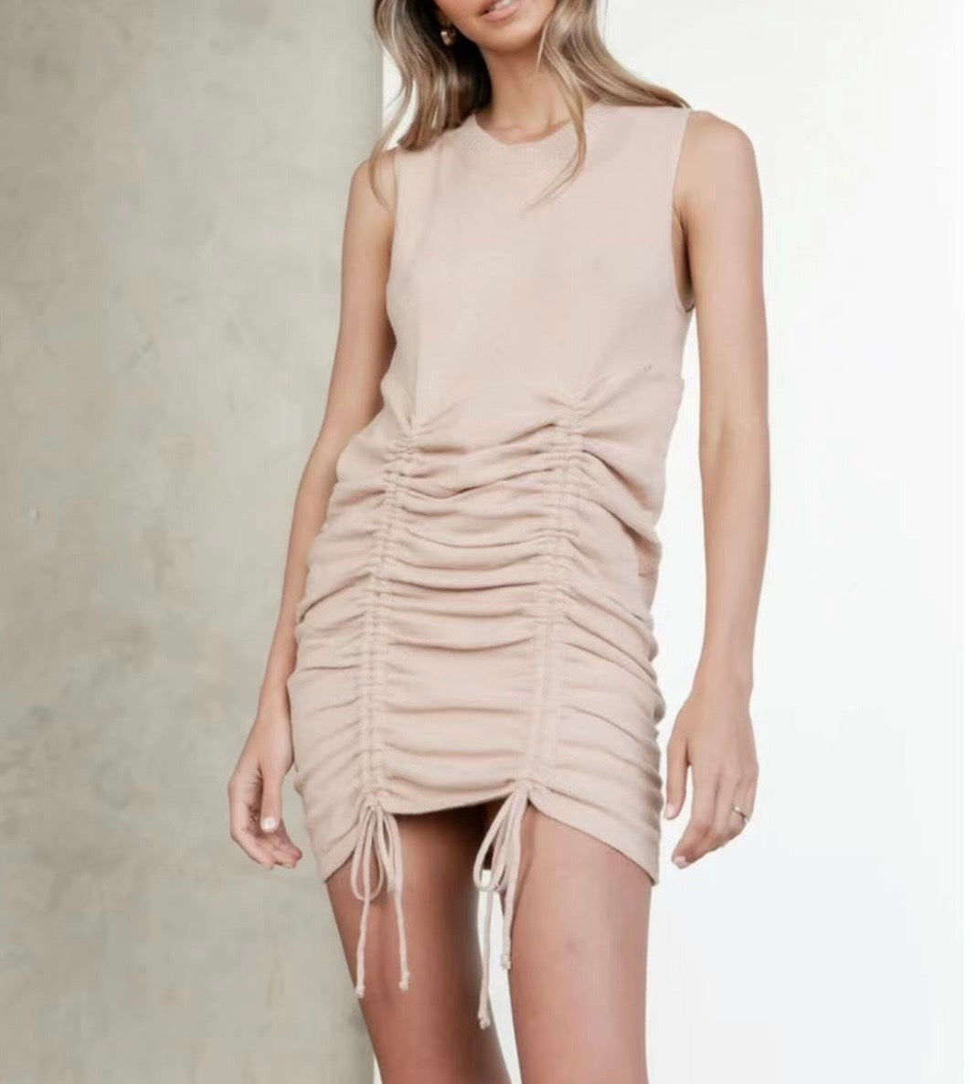 Sleeveless Front Ruched Knit Dress in Beige