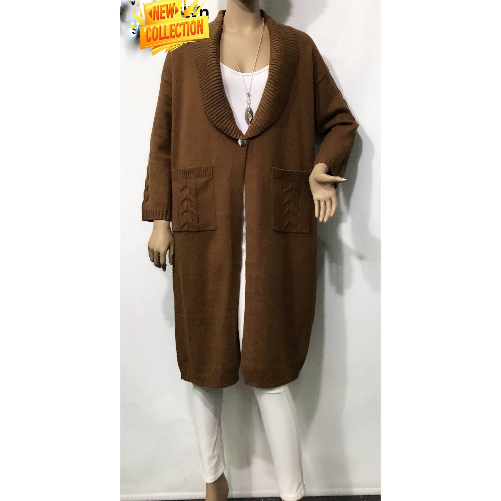 Lapel Long Cardigan  with Pockets in Brown